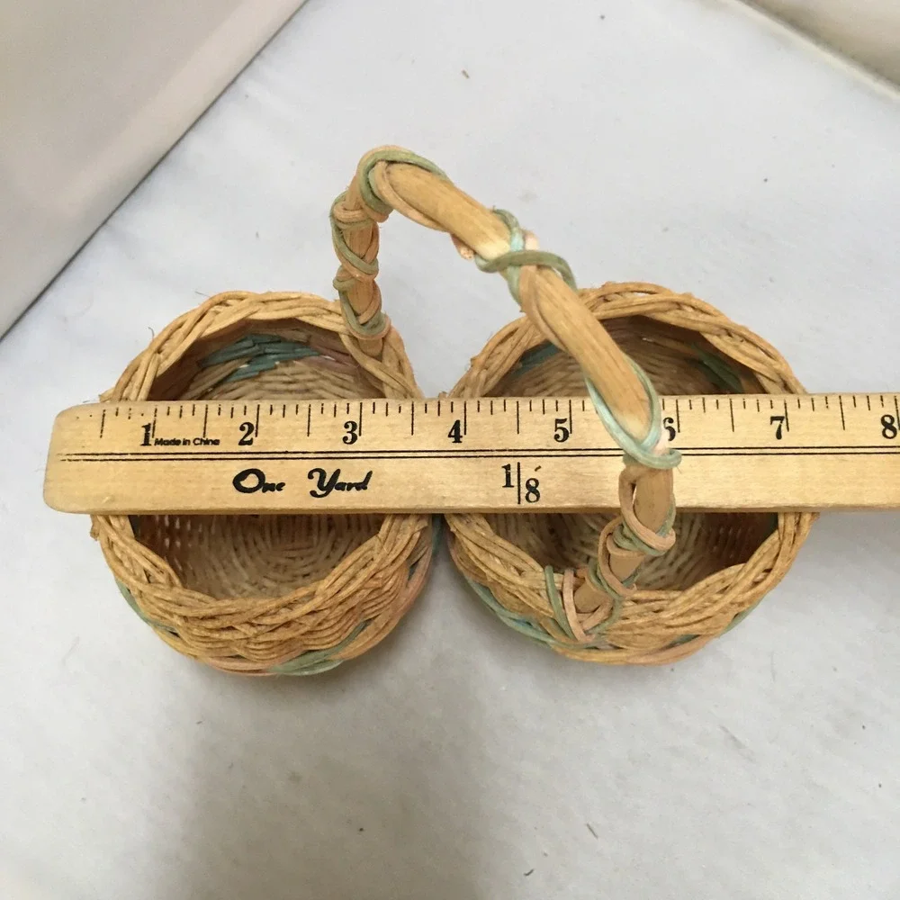 Miniature Double Wicker Basket Unisex Small Tan Pastel Woven Decor Cottagecore